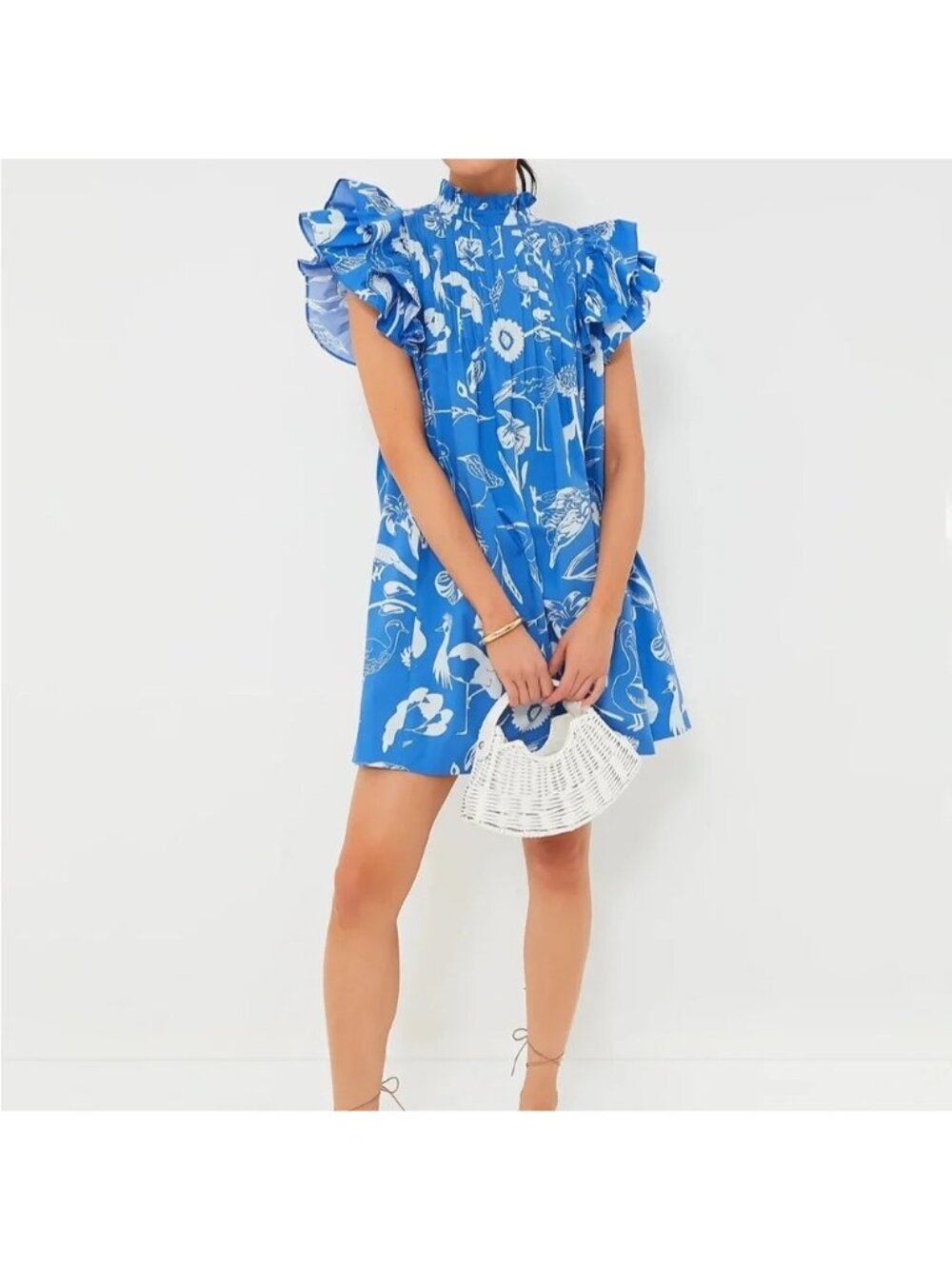 OLIPHANT Audubon Pintuck Ruffle Mini Dress Blue Size Large NWT